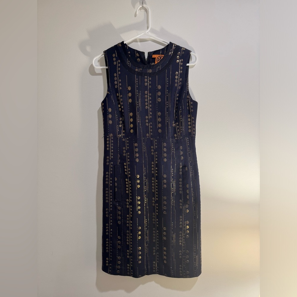 Tory Burch Navy Gold Metallic evening Dress